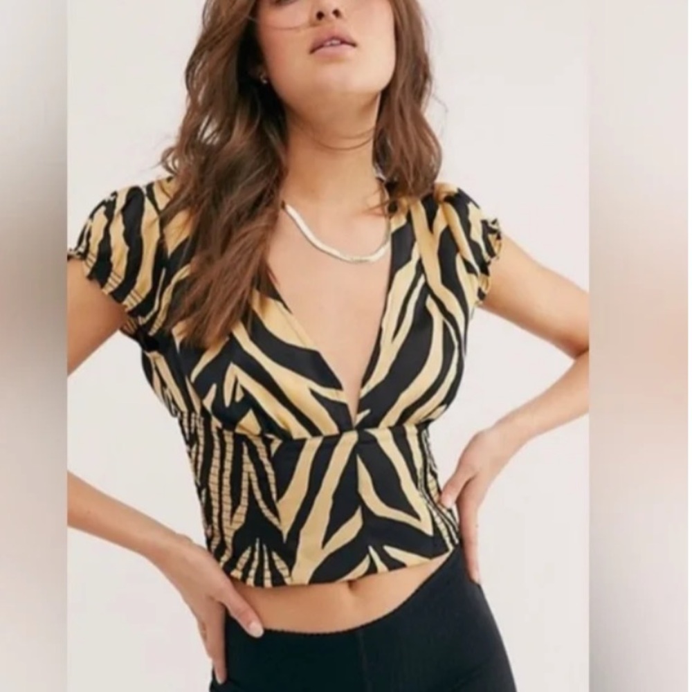Free People show me Love Zebra Print Smocked Top Blouse Safari S
